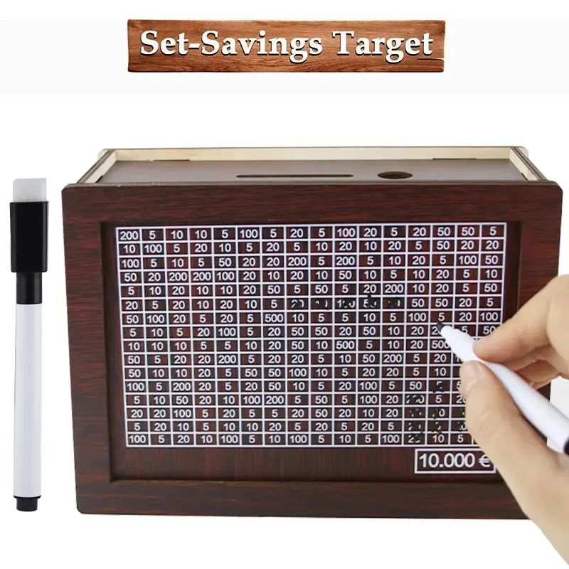 1000/2000/3000/5000/10000 Euro Money Box Wooden Piggy Bank Money Vault Savings Box Challenge Cash Storage Case 2