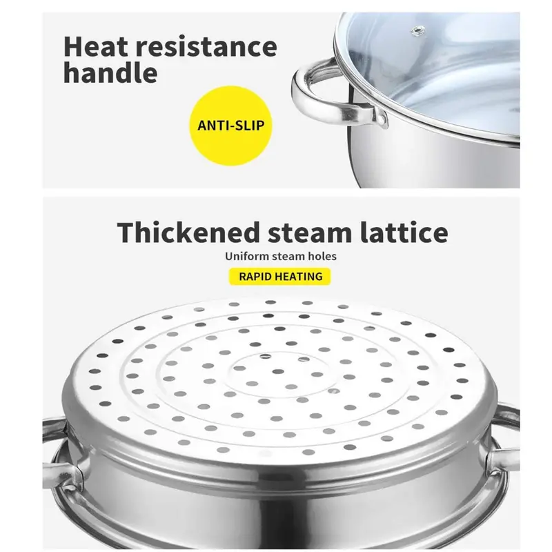 3 Tier Stainless Steel Steamer Set – Non-Stick Multi-Cooker Pot with Glass Lid – Three Piece Steamer Pan Set for Healthy Cooking – Dishwasher Safe 4