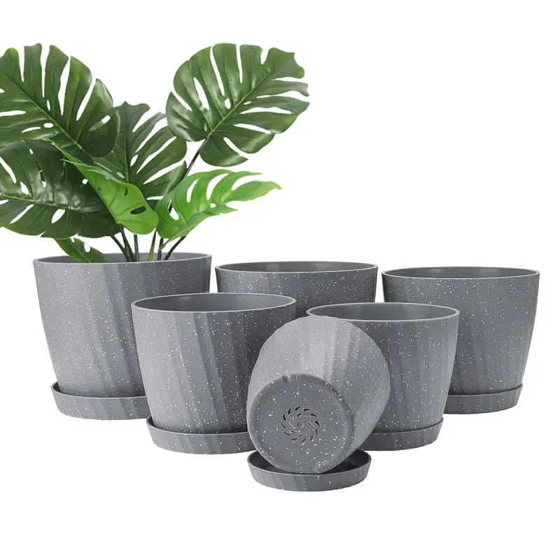 Plant Pots Indoor, 6Pack Plastic Plant Pots 19/17.5/16.5/15.5/14/11.5cm, Flower Pots Outdoor Self Watering Indoor Plant Pot with Drainage Holes and Tray, Plastic Planter for Garden House Plants(Grey) 0