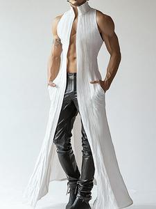 Men's Solid Color Textured Long Cardigan, Casual Stand Collared Sleeveless Pocket Tank Top for Summer, Fashion Men's Clothes for Daily Wear