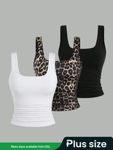 【Plus Size】Plain & Leopard Print Tank Top, Casual Fit Sleeveless Top for Summer, Soft Fabric Tops for Women, Lady Breathable Clothing for Daily Wear Everyday, Skinny Womenswear, Plus Size Clothes Women