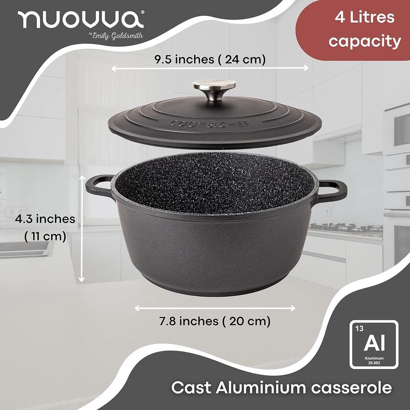 Non-Stick Aluminium Pot with Lid – Sturdy Deep Dutch Oven – Casserole Pot with Ergonomic Handles – 4L, 24cm Oven Safe Cooking Pot – by Nuovva 1