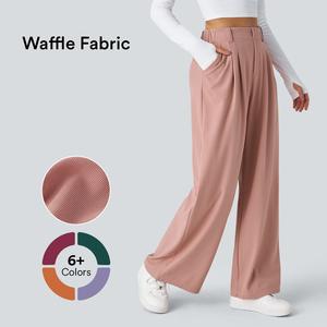 Halara Flex Basic Women's High-Waisted Waffle Wide-Leg Work Trousers with Side Pockets – Comfy Casual Fit, Tummy Flattering Design, Ideal for Holiday Outfits 2025 #DealDrops #Summer