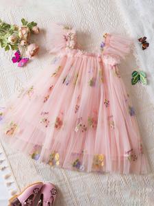 Girl's Floral Embroidery Tulle Dress, Cute Butterfly Design Dress for Party, Kids Clothes for Summer Holiday