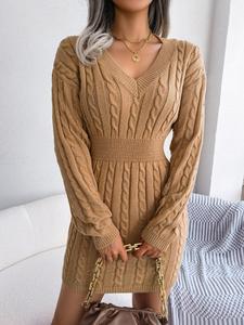 Women's Fitted Solid Textured Drop Shoulder Sweater Dress, Long Sleeve V Neck Cable Knit Dress, Holiday Dress, Women's Basic Knitwear for Daily Wear, Dresses for Women