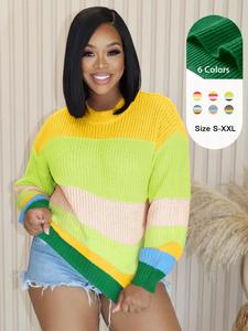 Women's Colorblock Striped Print Drop Shoulder Sweater, Casual Long Sleeve Round Neck Jumper for Daily Wear, Ladies Knitwear for All Seasons