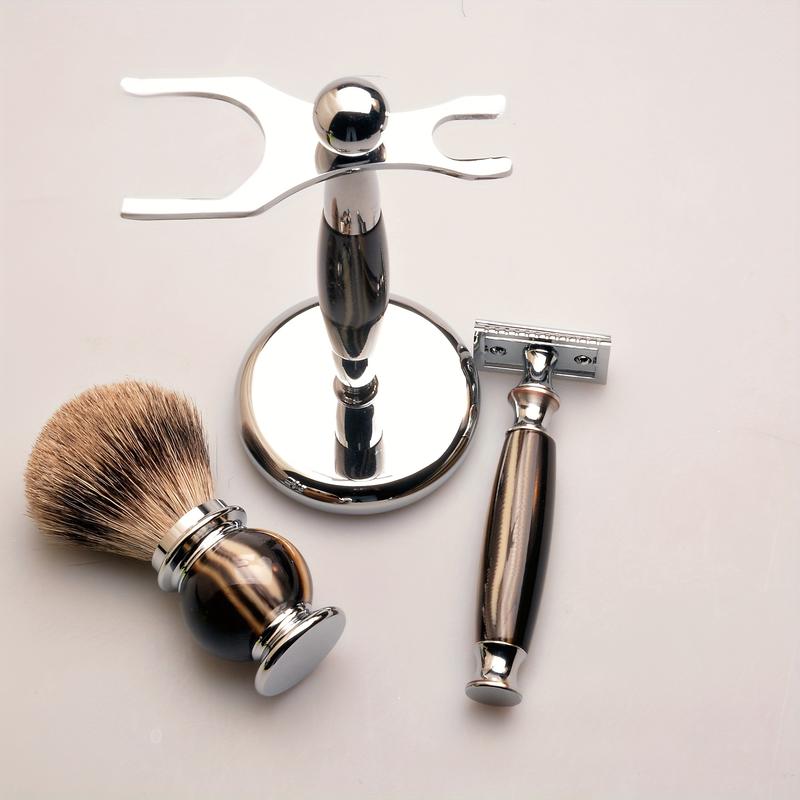 Good Oasis  A Pack of 3 Premium Shaving Items: Razor, Badger Hair Brush, and Metal Stand. Great for Flawless Beard and Mustache Grooming, Enabling Sleek Shaving and a Smooth Finish to Enhance Your Beard Styling Game. 5