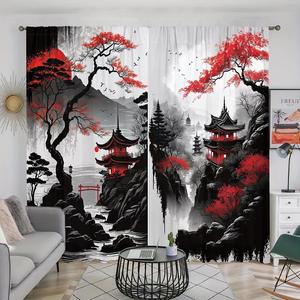 Landscape Pattern Curtain, 2 Counts/set Pole Pocket Design Window Curtain, Home Decor for Living Room Bedroom Kitchen Study Room, Home Decoration Curtain