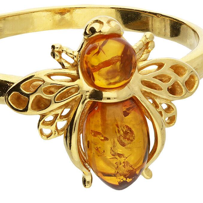 Cognac Amber Bumble Bee Ring 24k Yellow Gold on Solid Sterling Silver 925 1