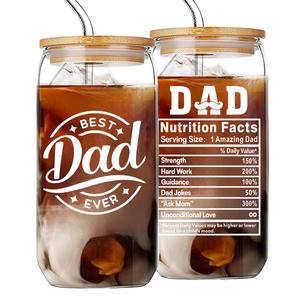 16oz Glass Water Bottle with Straw & Lid, 1 Counts Best Father Pattern Drinking Cup, Drinkware for Home Office School