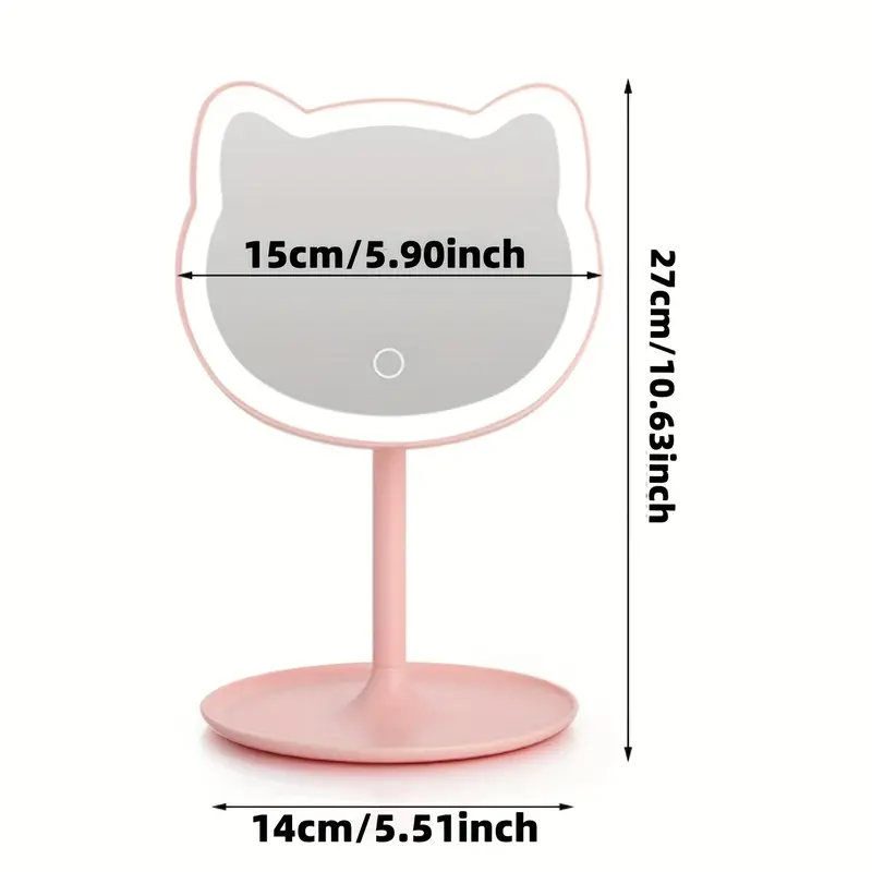 LED Vanity Makeup Mirror | Cat-Face Design with Pink Ears | Battery-Powered Lighting | Portable & Freestanding | Ideal for 4
