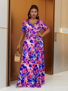 【Plus Size】 Floral & Leaf Print V Neck Dress, Casual Short Sleeve Dress for Summer, Women's Clothing for Daily Wear, Summer Dresses 2025, Womenswear