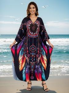 【Plus Size】 Ethnic Pattern & Feather Print Batwing Sleeve Cover Up, Boho Casual V Neck Split Side Cover Up, Women's Summer Swimwear for Beach Holiday, Sports Clothing