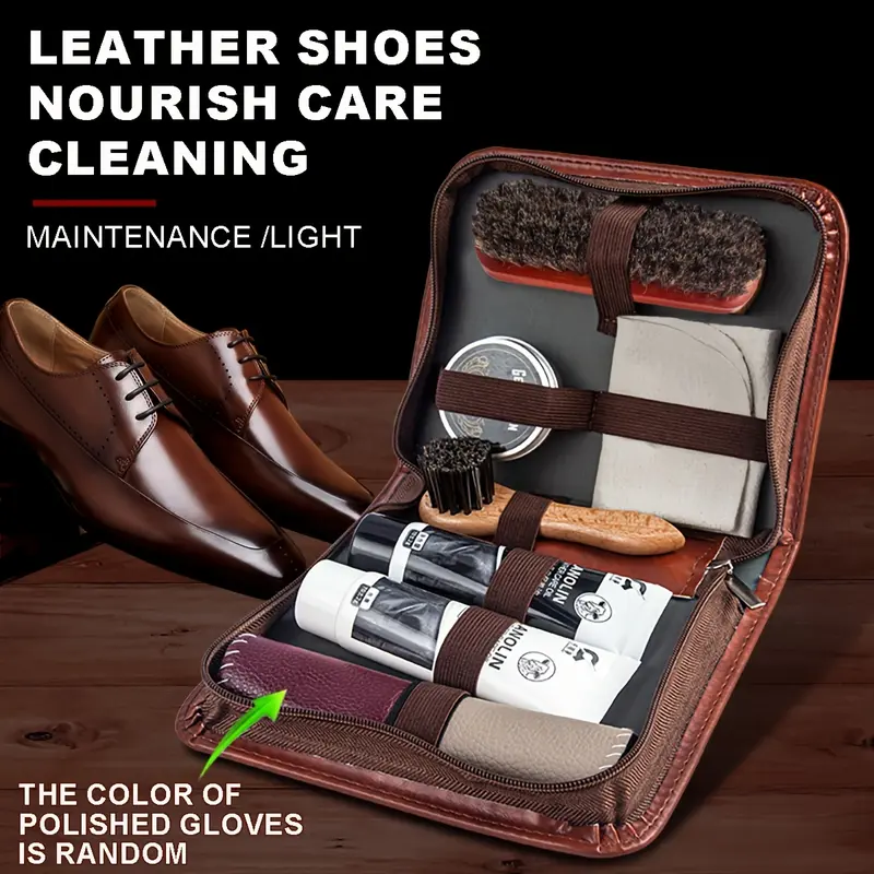8pcs Brown Faux Leather Pu Shoe Care Kit with Brush - Includes Polish & Accessories for Boots The color of Shoe cloth is random 3