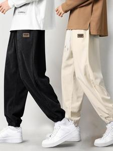 Men's Letter Patched Drawstring Waist Corduroy Pants, Casual Comfy Loose Fit Jogger Pants for Fall & Winter, Men's Trousers for Daily Wear