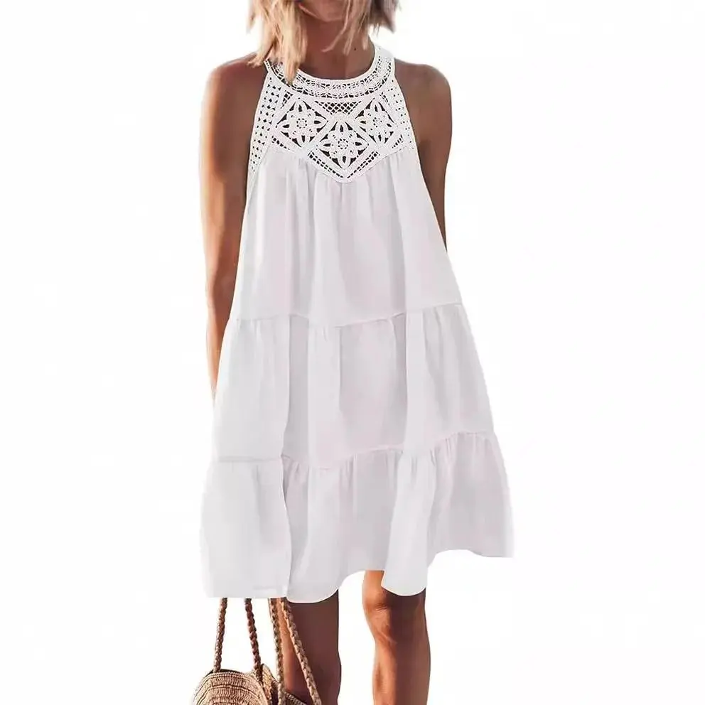 Women Summer Beach Mini Dresses Halter Sleeveless A-Line Hollow Out Lace White Bohemia Dress Pleated Solid Vintage Vestidos
