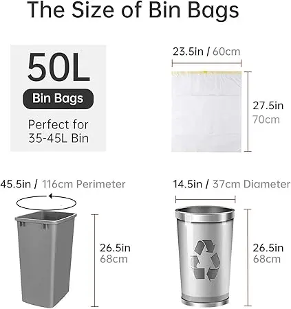 50L Heavy Duty Bin Bags with Drawstring Handles, Unscented Strong Rubbish Liners – Fits 35-45L Swing & Pedal Bins, Leak-Proof & Tear-Resistant – 1 Roll (20 Bags), 61x70cm, No Perforation 3