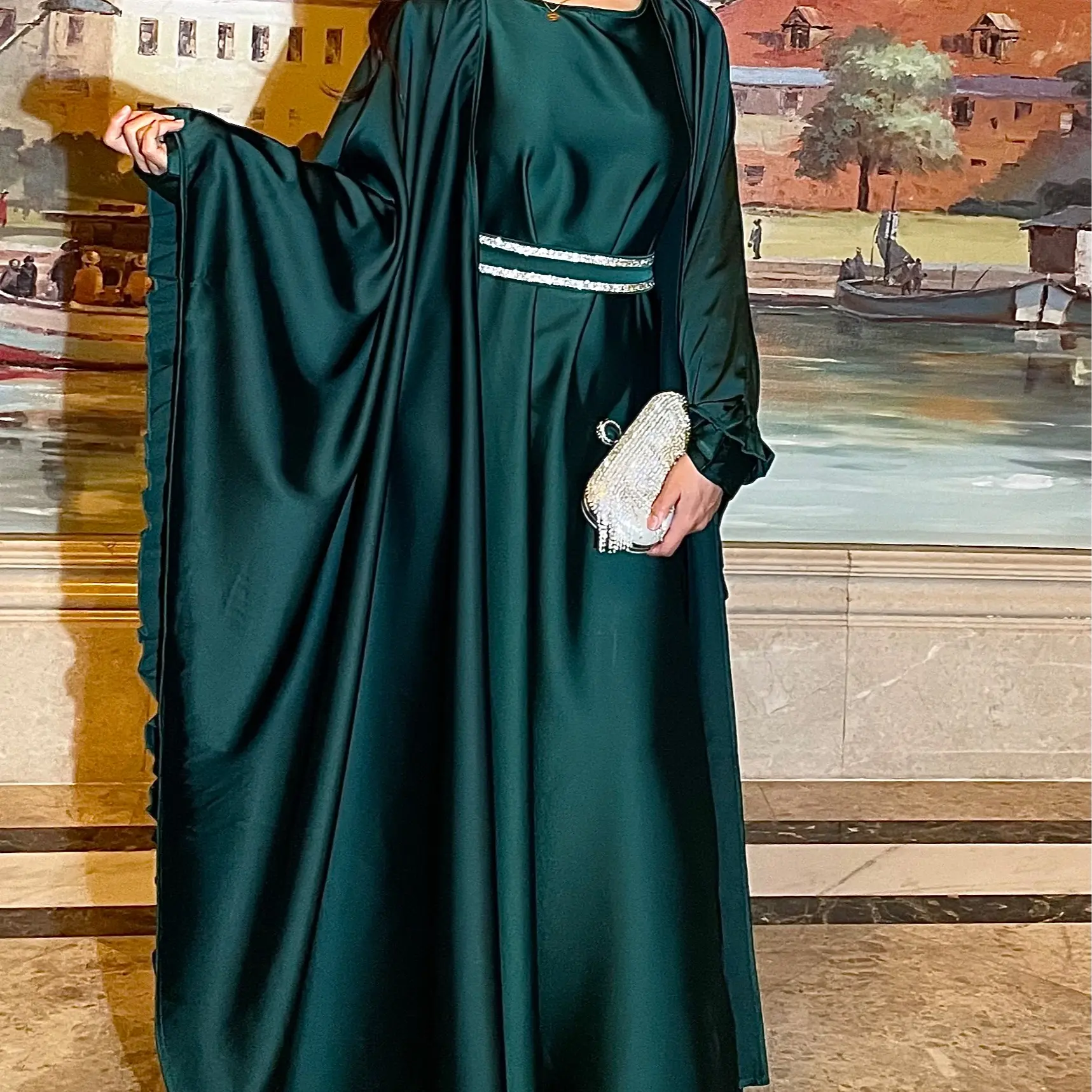 Sl16 Two piece butterfly abaya , satin elegant abaya set, Eid abaya ,occasion dress , womwen's islamic long dress