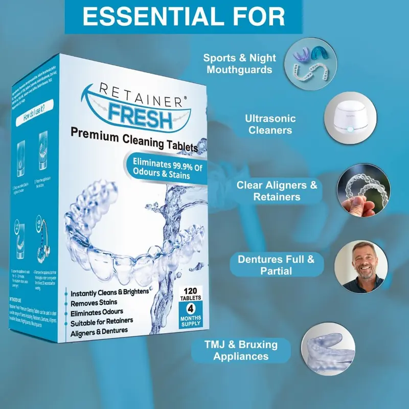 Retainer Cleaner Tablets - 120 Tablets 4 Month Retainer Fresh - Retainer Cleaning Tablets, Mouth Guard Cleaner, Denture Cleaner, Aligner Cleaner, Brite Retainer Tablets 4