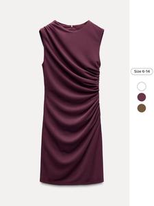 Women's Plain Round Neck Sleeveless Shirred Waist Dress, Casual Solid Color Crew Neck Dress for Daily Wear, Ladies Clothes for All Seasons