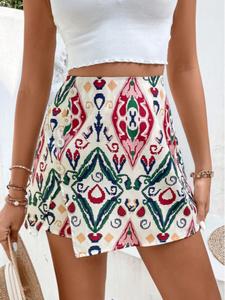Women's Ethnic Pattern Button Split Thigh Wrap Skorts, Boho Casual Shorts for Beach Vacation Holiday, Ladies Summer Bottoms