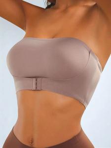 Women's Solid Color Front Buckle Strapless Bra, Elegant Breathable Comfortable Fit Wireless Push Up Soft Comfy Bra, Summer Sports Bra Women, Strapless Bandeau Underwear, Minimalist Solid Backless Bra, Lady Breathable Minimizer Bra