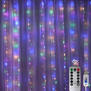 Curtain Light, 1 Count 8 Modes Curtain String Light with Remote Control, Waterproof USB Plug Bedroom Window Party Decor Light, Outdoor Garden Light String, Euro 2024 Decorations