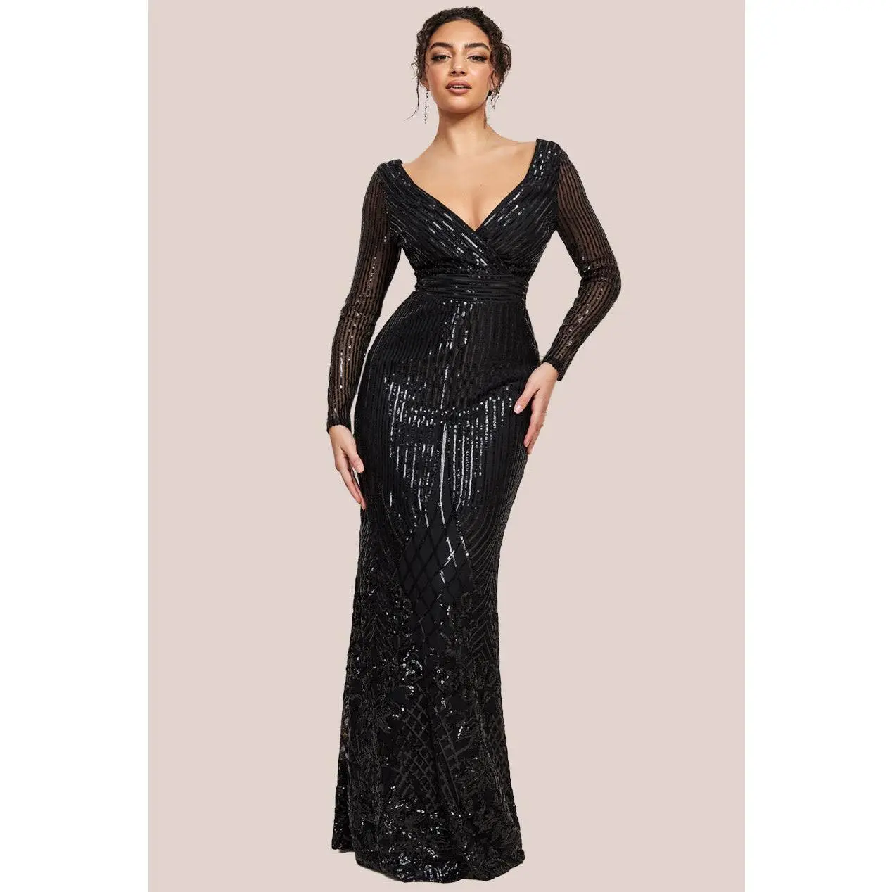 Goddiva Long Sleeve Sequin V Wrap Maxi Dress - Black