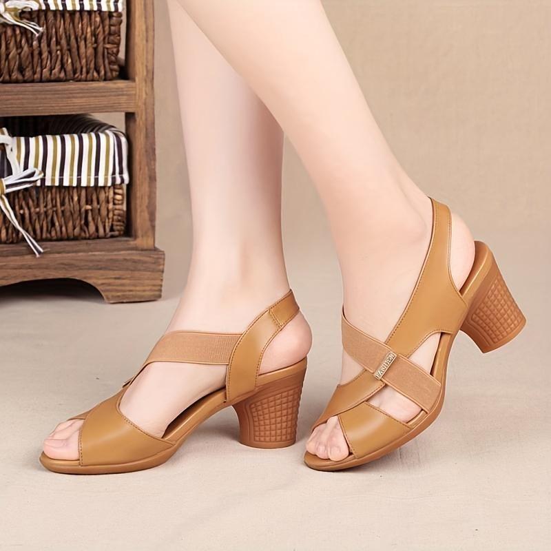Women's Chunky Heeled Sandals, Peep Toe Elastic Strap Slip On Heels, All-Match Going Out Sandals 7