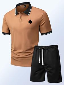 Two-piece Set Men's Heart Print Polo Shirt & Drawstring Pocket Shorts Set, Summer Clothes, Regular Fit Short Sleeve Top & Shorts, Men Outfits for Summer