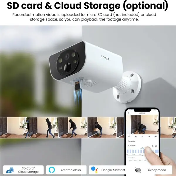AOQEE Security Camera Outdoor Wireless Solar - 2K CCTV Camera Systems, Battery Operated Home/House Security, PIR Detection, IP65, Colour Night Vision, SD card/Cloud Storage, Works with Alexa S1 Recording White 4