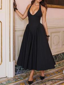 Women's Solid Color Backless Halter Dress, Fashionable Sexy Sleeveless Tie Back Dress for Party Club Dating Wear, Wedding Guest Dresses, Ladies Dress for All Seasons