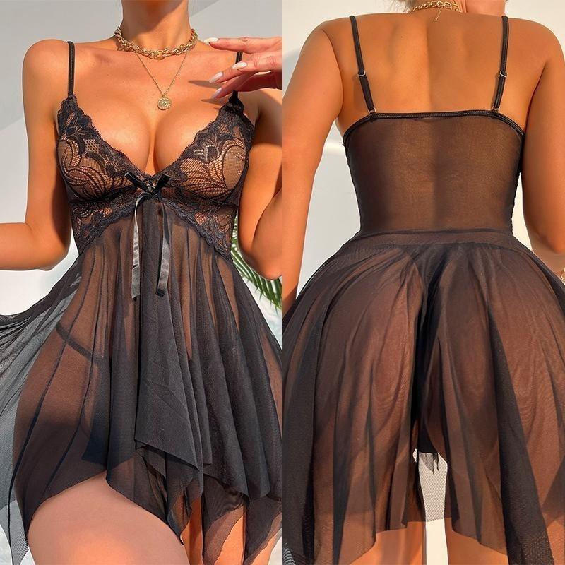 Women's Sexy Nightwear Black Lace Mesh Perspective Exotic Dress Sexy Lingerie Women Pajamas Ackless Female Sexy Nighties 7