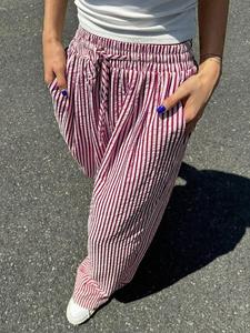 Women's Striped Print Drawstring Waist Wide Leg Pants, Casual Pocket Trousers for Daily Wear, Ladies Bottoms for All Seasons