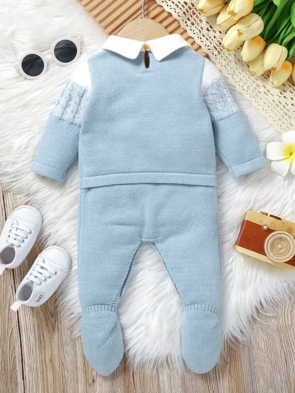 1pc Light Blue Diamond-Shaped Knitted Footed Jumpsuit With Long Sleeves For Toddler Boys, Spring/Autumn/Winter Baby 1