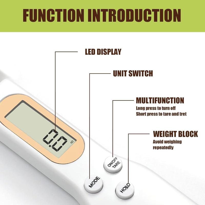 Product Introduction of Kitchen Digital Spoon Food Measuring Scoop Scale, Weighing Spoon Scale 0.1g to 500g Precision with LCD Display Spoon Scale, Electronic Measuring, for Dispensing Food, Condiments and Pet Food (White) Utensils Lightweight 6