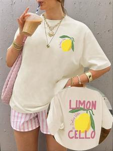 Women's Lemon & Letter Print Round Neck Tee, Casual Short Sleeve T-shirt for Summer, Ladies Clothes for Daily Wear, Top, Streetwear Tshirt
