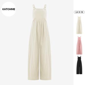 KatchMe Casual Womenswear Adjustable Strap Pocket Ruched Wide Leg Overalls,Versatile Slouchy Button Straps Plain Baggy Wide Leg Romper for All Seasons