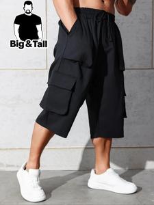 Men's Plus Size Plain Flap Pocket Drawstring Waist Capri Pants, Casual Comfy Cargo Trousers for Daily Outdoor Wear, Men's Plus Size Bottoms for All Seasons, Casual Street Comfy Menswear, Casual Beach Pants, Casual Fashion Pants, Athleisure Street Shorts