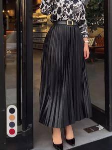 Women's Solid Color Pleated Skirt, Elegant Long Skirt for Work Office Business, Ladies Summer Clothes, Bottom
