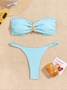 Two-Piece Set Women's Starfish Decor Bikini Set, Casual Fashion Chic Swimsuit Set for Beach Holiday Vacation, Ladies Swimwear for All Seasons