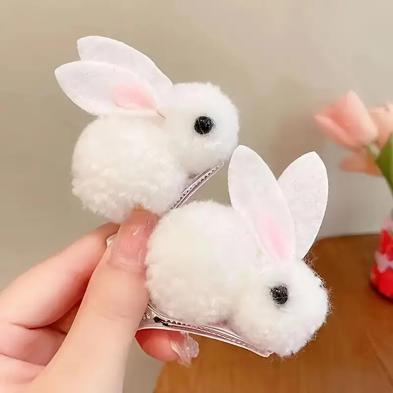 [2pcs Fluffy Easter Bunny Clips] 2pcs Cute & Sweet Easter Bunny Hair Clips - Fluffy Plush, Warm 3D Rabbit Design for Women - Perfect for Parties & Casual Wear