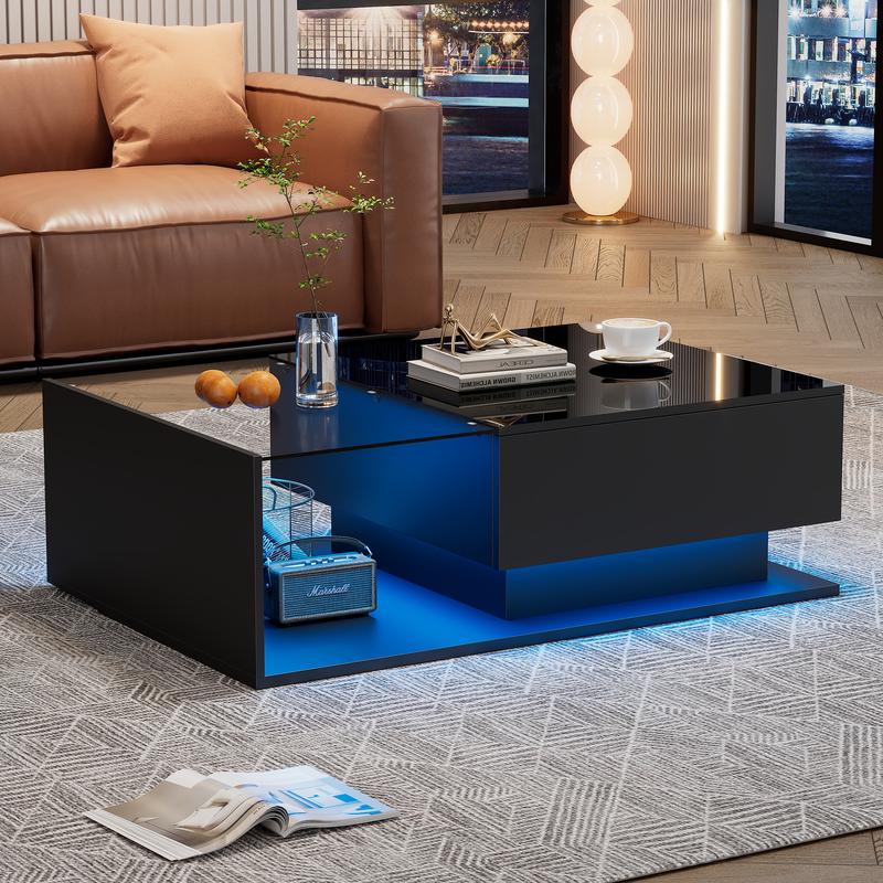 LED Coffee Table, Modern High Gloss Coffee Table, Center Table with Glass, Modern Coffee Table for Living Room with Drawer (Black) 3