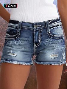 Women's Ripped Denim Shorts, Tight Fit Fashionable Pocket Denim Shorts for Daily Wear, Casual Comfy Bottoms for Lady Summer, Womenswear, Distressed Denim Shorts, Frayed Hem Shorts