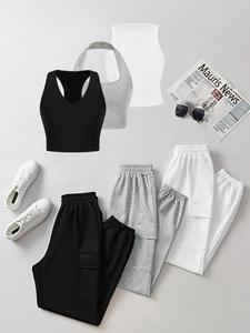 Women's Solid Color Crop Tank Top & High Waist Pants Set, Casual Fitted Sleeveless Top & Trousers for Daily Wear, Co Ords for Women, Ladies Outfits for All Seasons, Cropped Essential Sets