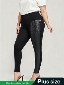 【Plus Size】 Patchwork Ruched Zipper High Waist Leggings, Casual Comfy Skinny Pants for Daily Wear, Women's Plus Size Bottoms for Fall & Winter, Ladies' Christmas and New Year Clothes