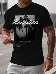 Men's Letter & Palm Tree Print Round Neck Tee, Loose Casual Short Sleeve T-shirt for Summer, Men's Top for Daily Wear