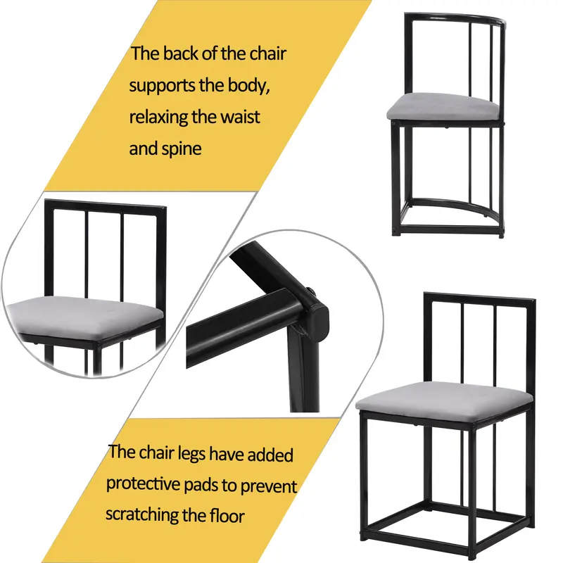 Six-chair dining table set: (White table, chairs with backrests and gray cushions, black iron frame), dining room table and chair set, modern dining table combination 3