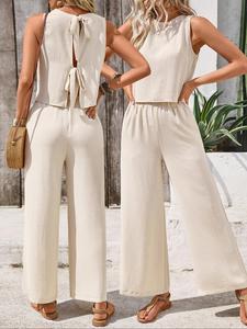 Women's Solid Color Top & Pants Two-piece Set, Casual Fashion Cozy Outfits for Daily Outdoor Wear, Ladies Clothes for Summer, Womenswear, Outfit Sets Women, Trouser