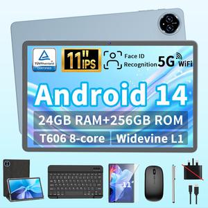 Android 14 Tablet, 11 inch Screen with Keyboard, 24(6+18)GB+256GB, 1TB Expand, Octa-Core, 2.4G/5G WiFi, 6000mAh, GMS Certified, IPS Touch Screen, GPS, 2 in 1 with Case, Mouse, Stylus